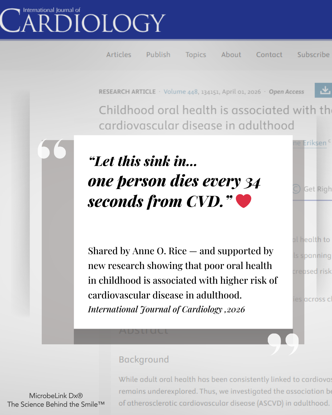 Graphic highlighting a 2026 cardiology study linking childhood oral health to increased risk of cardiovascular disease in adulthood